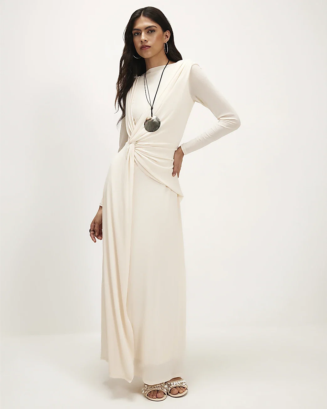 Womens Cream Sheer Drape Maxi Dress