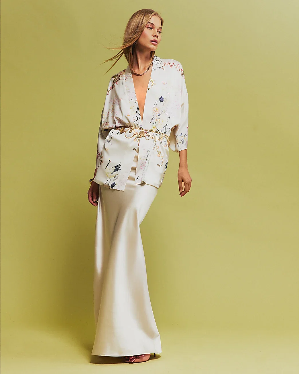Womens Cream Floral Print Kimono