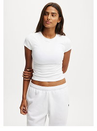 White fitted crop top and white pants on model