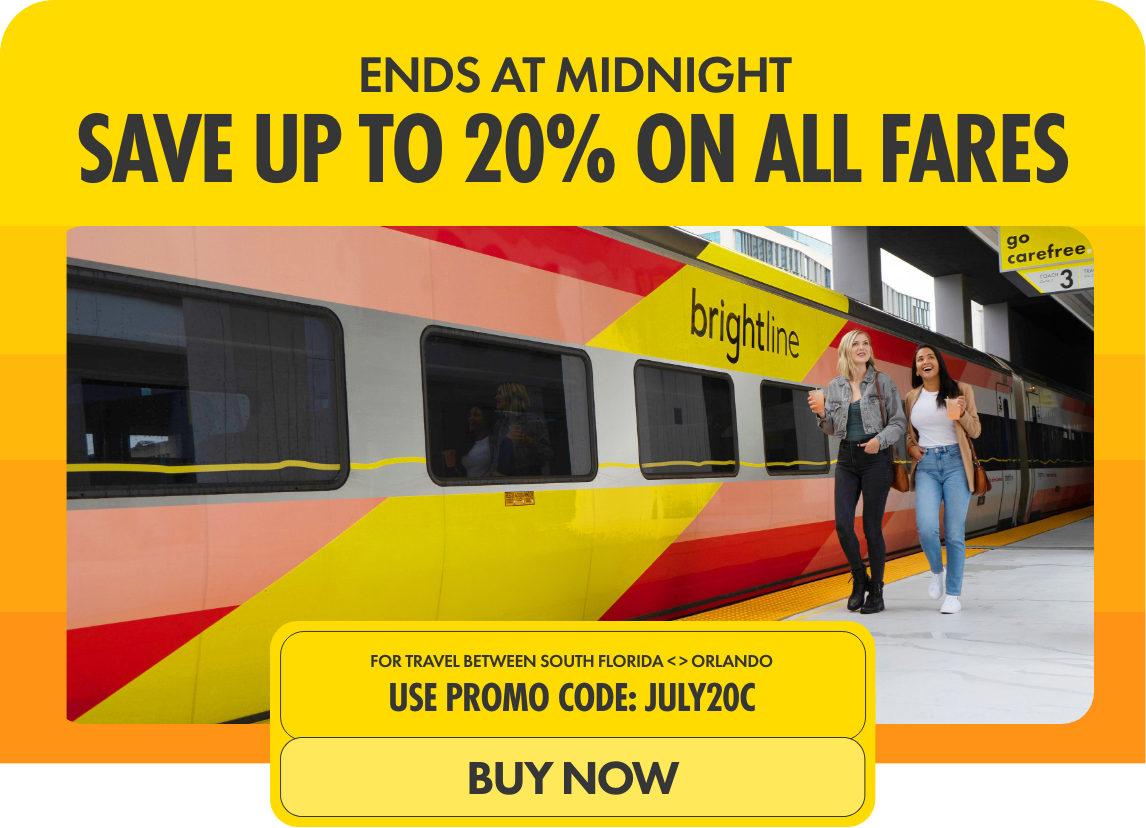 Promotional graphic advertising discounted fares on a Brightline passenger train. Two young women walk along the platform beside the colorful train, suggesting carefree travel between South Florida and Orlando. Bold yellow text announces savings of up to 20% on all fares and highlights a limited-time offer that ends at midnight. The banner includes a promo code JULY20C and a prominent call-to-action button reading BUY NOW.