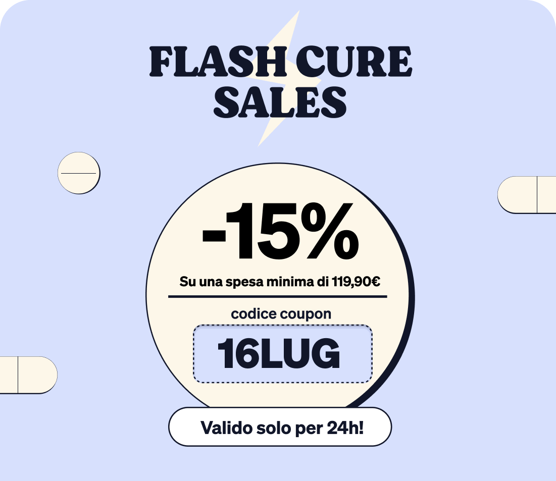 Promotional banner: FLASH CURE SALES -15% with coupon code 16LUG, valid 24 hours on minimum spend €119.90