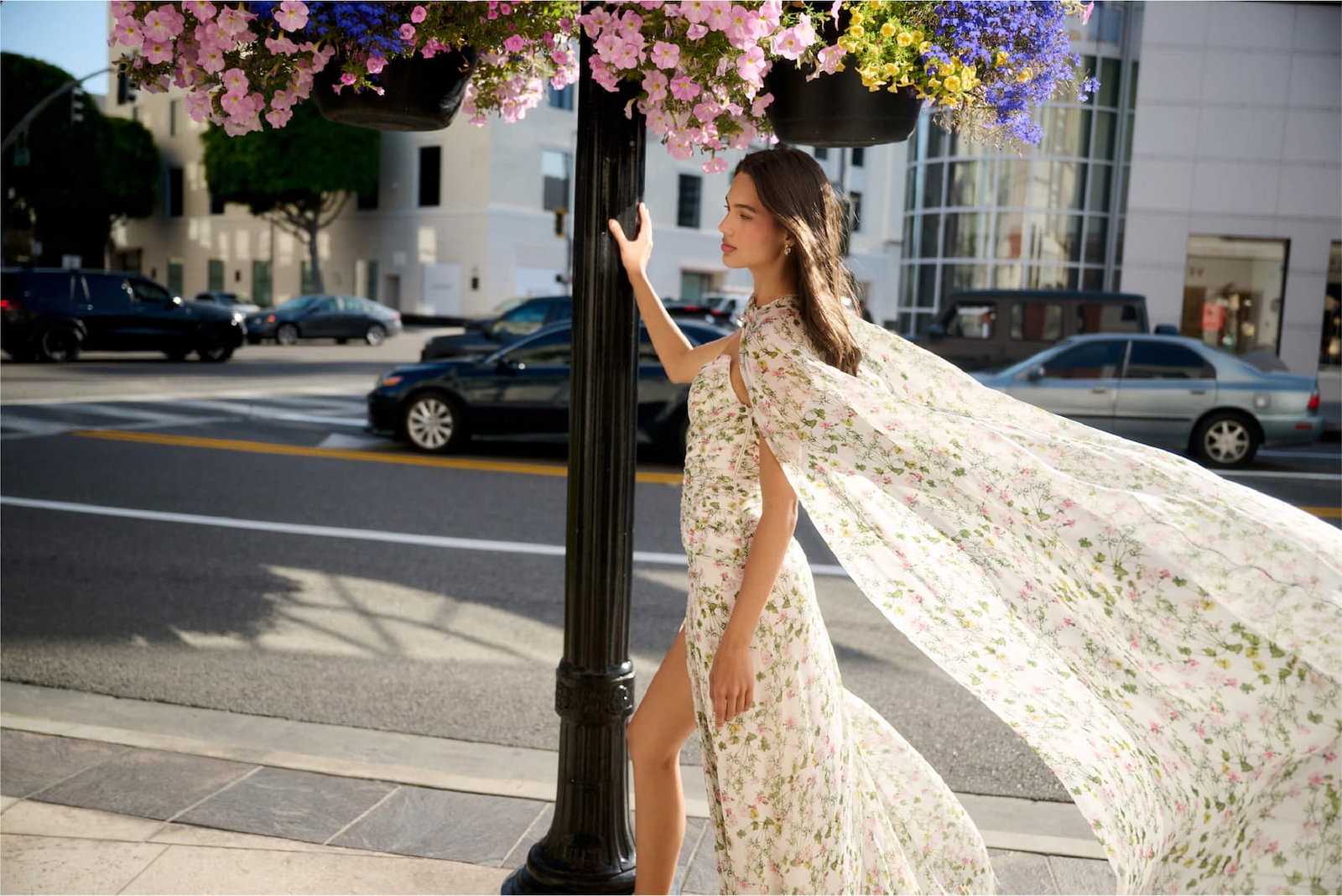 Ivy bloom printed chiffon gown and cape on model