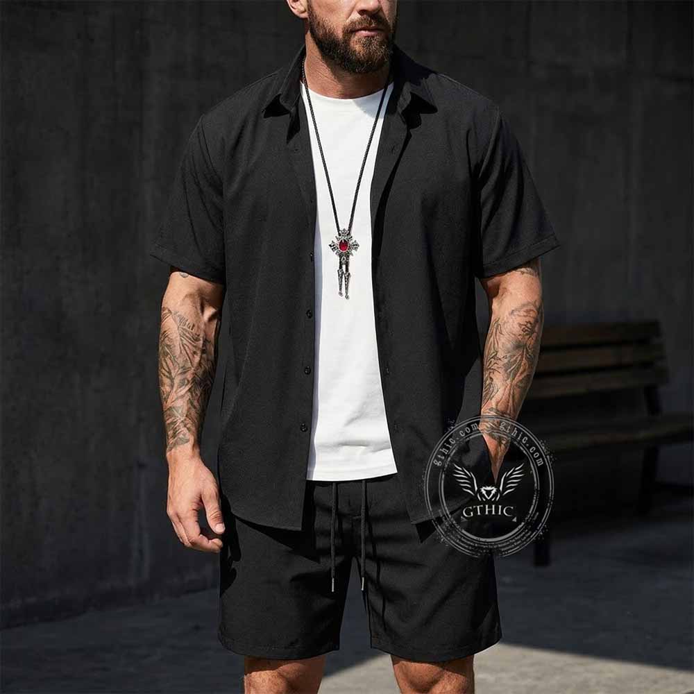 Image of Solid Color Casual Vacation Shirt and Shorts Set