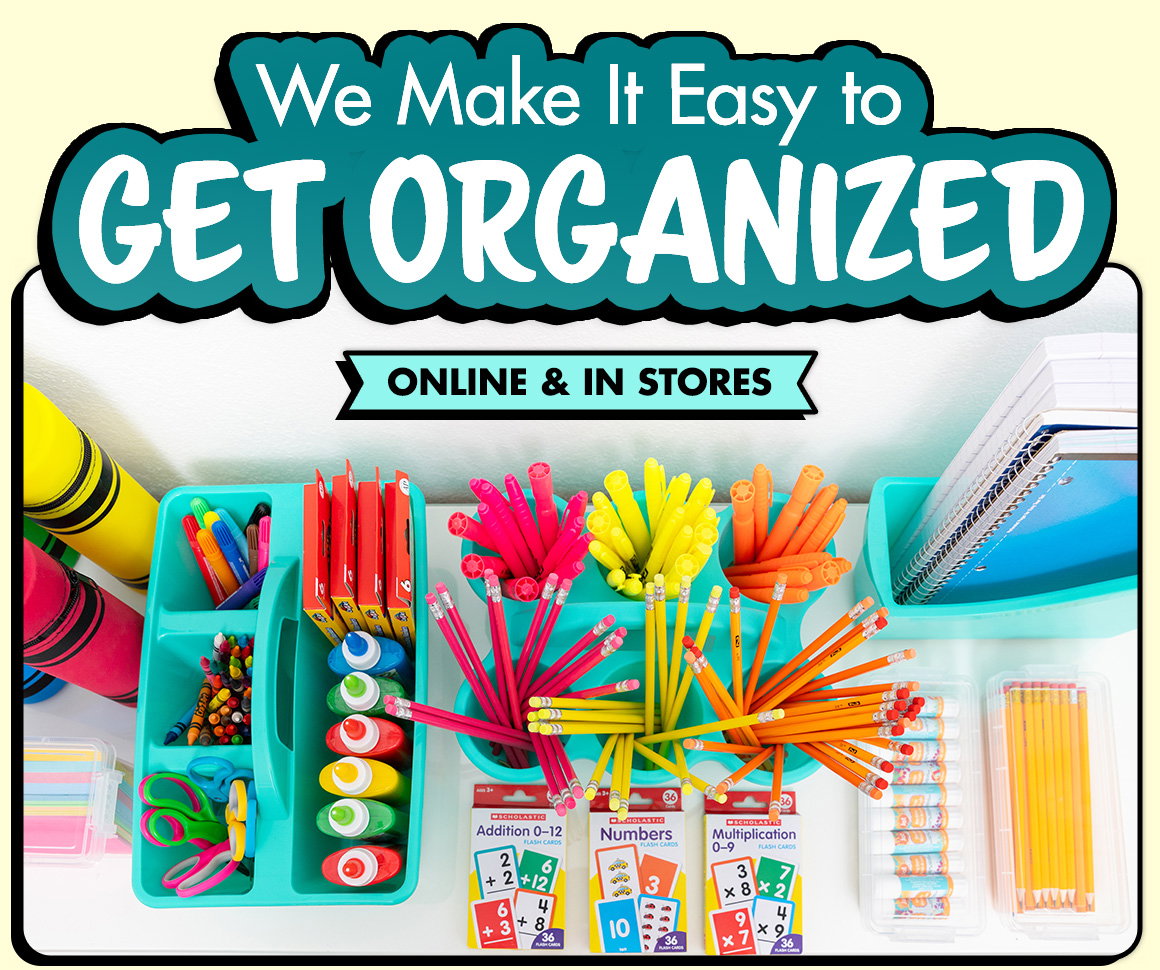 We Make It Easy to Get Organized. Image of well-organized school supplies like pencils, markets, glue bottles, pencils, scissors, and flashcards.