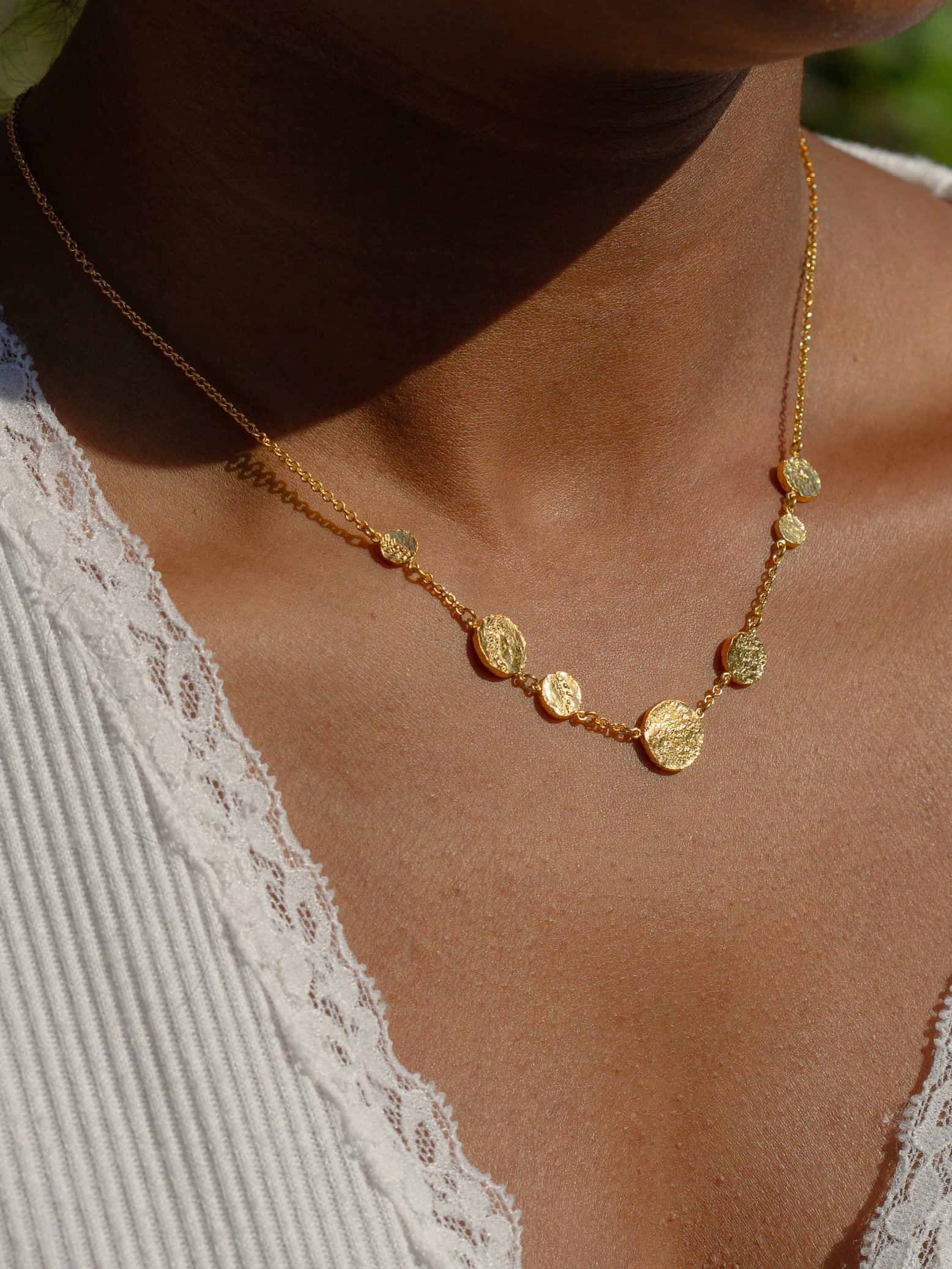 Imprinted Seed Disc Inline Station Necklace