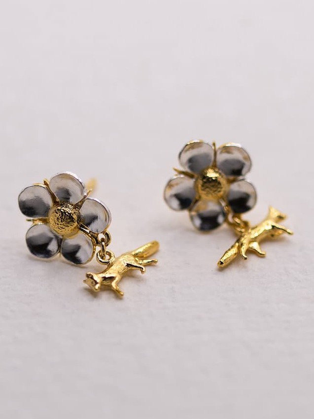 Strawberry Flower Stud Earrings with Tiny Fox Drop