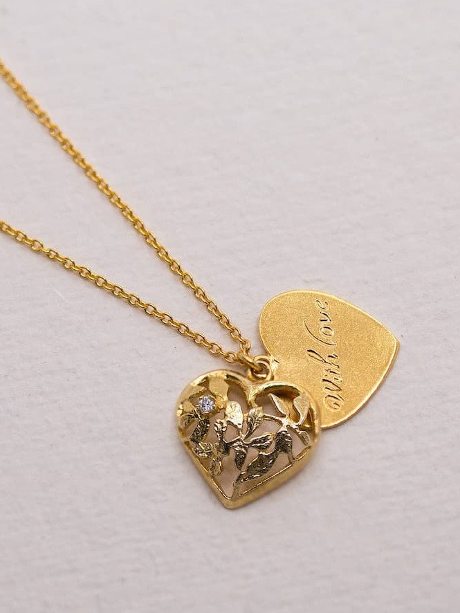 Layered ''With Love'' Filigree Heart Necklace with a Diamond
