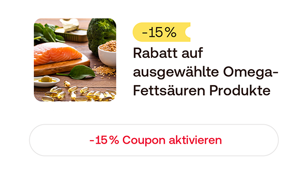 Grafik mit Essen und dem Hinweis „‑15 % Rabatt auf Omega Fettsäuren“ sowie einem Button „‑15 % Coupon aktivieren“ (Button‑Element).