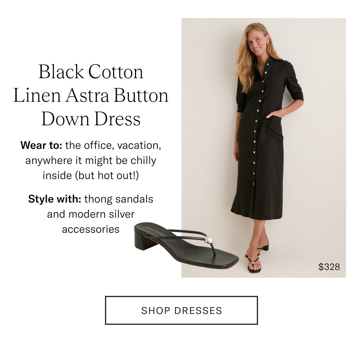 Black Cotton Linen Astra Button Down Dress