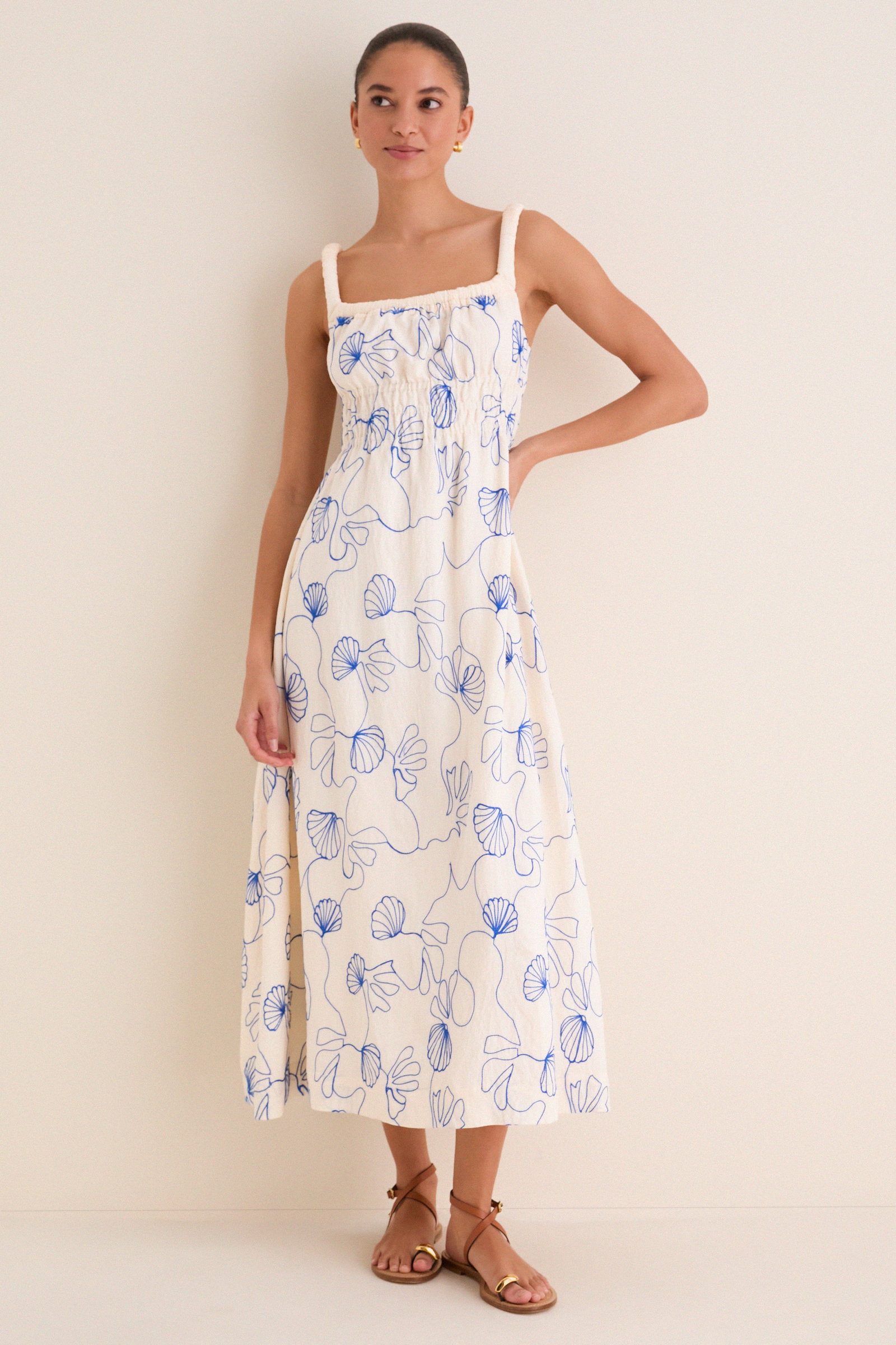 Image of Cream & Royal Blue Embroidered Beverly Maxi Dress