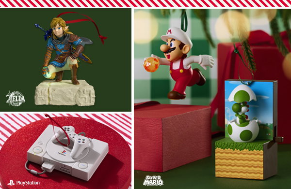 Image collage with a variety of gaming ornaments available at Ornament Premiere.