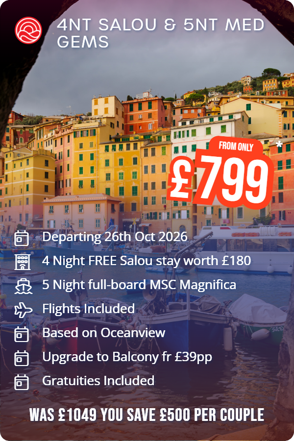 4nt Salou & 5nt Med Gems – Smart Holiday promotional image. From £799 Includes: Departing 26th Oct 2026, 4 Night FREE Salou stay worth £180, 5 Night full-board MSC Magnifica, Flights Included, Based on Oceanview, Upgrade to Balcony fr £39pp, Gratuities Included. WAS £1049 YOU SAVE £500 PER COUPLE