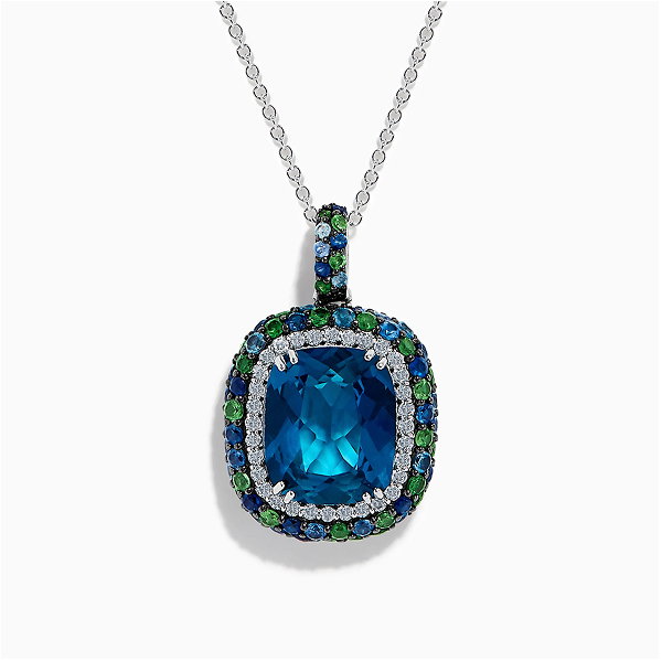 925 Sterling Silver Blue Topaz Cushion Multi Gemstone Halo Pendant