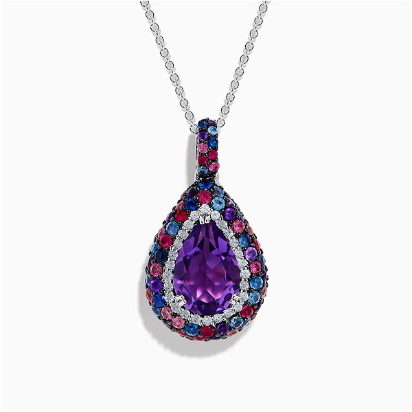 925 Sterling Silver Amethyst Pear Multi Gemstone Halo Pendant