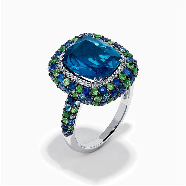 925 Sterling Silver Blue Topaz Cushion Multi Gemstone Halo Ring