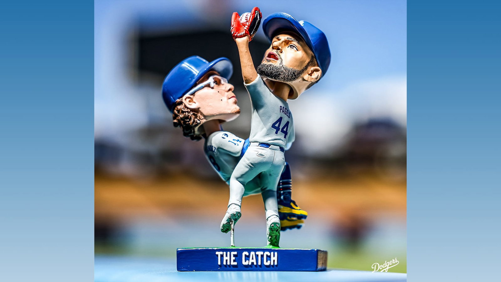 A bobblehead of Andy Pages and Kiké Hernández colliding on a World Series Game 7 catch