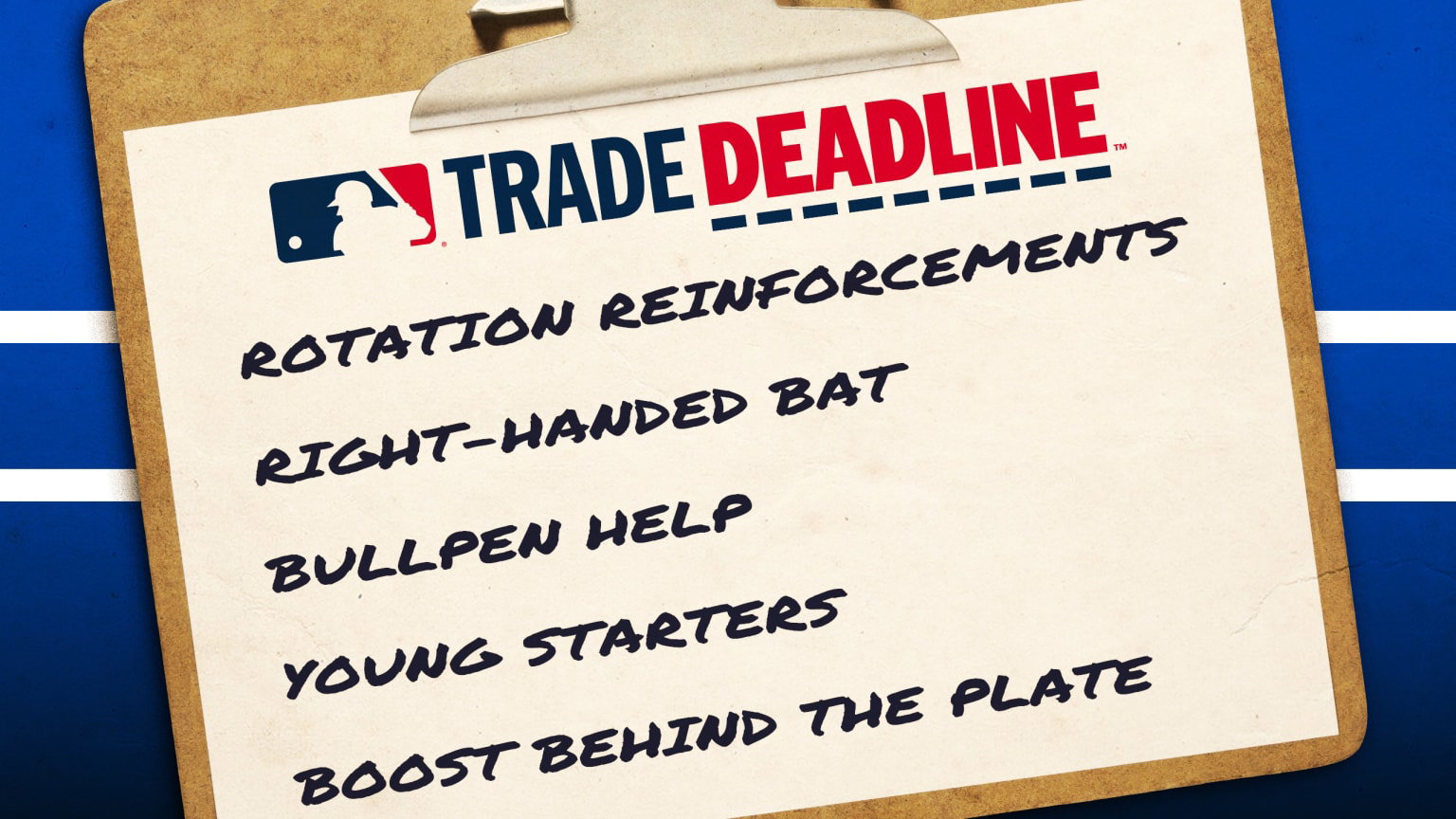 A designed image of a clipboard with a list of teams' Trade Deadline needs