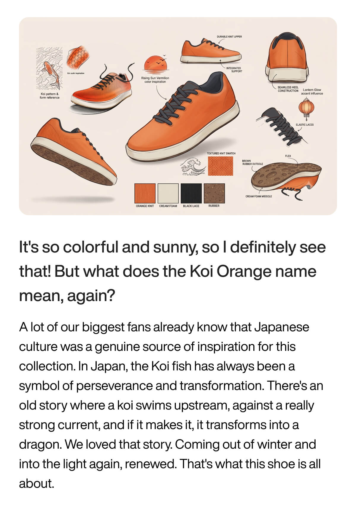 "Orange sneakers inspired by koi fish, featuring durable knit, elastic laces, and a brown rubber outsole. Japanese culture influence."