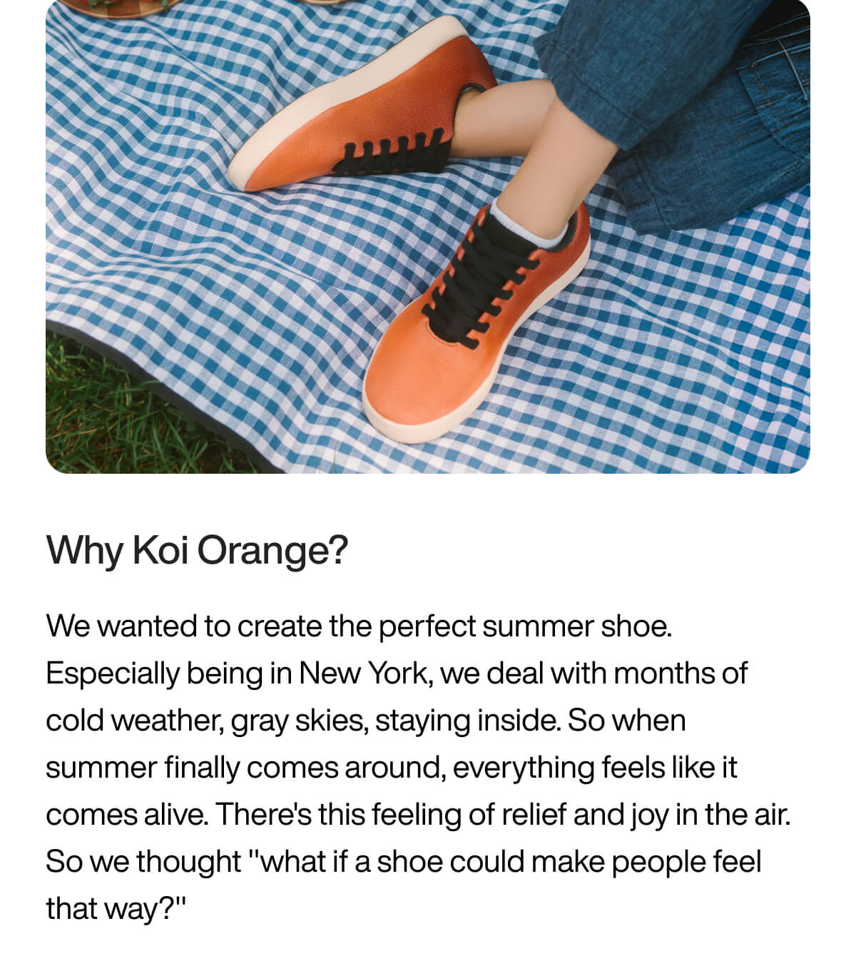 "Orange shoes on a blue checkered blanket, capturing a summer vibe. Text explains the inspiration behind the Koi Orange color."