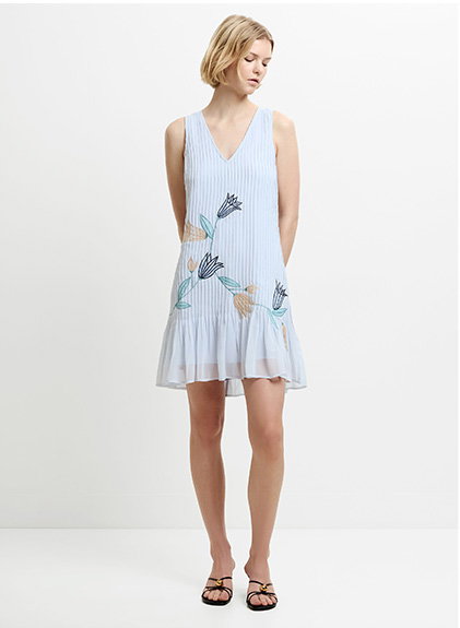 Larina Pleated Floral Applique Blue Mini Dress