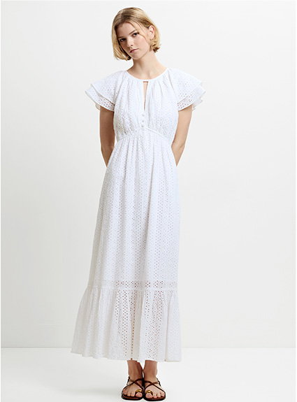Bonnie Broderie Flutter Sleeve White Maxi Dress