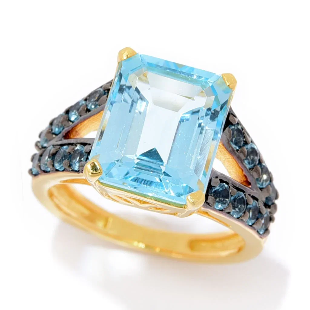 Image of 18K Gold Plated 11x9mm Octagon Blue Topaz Split Shank Ring