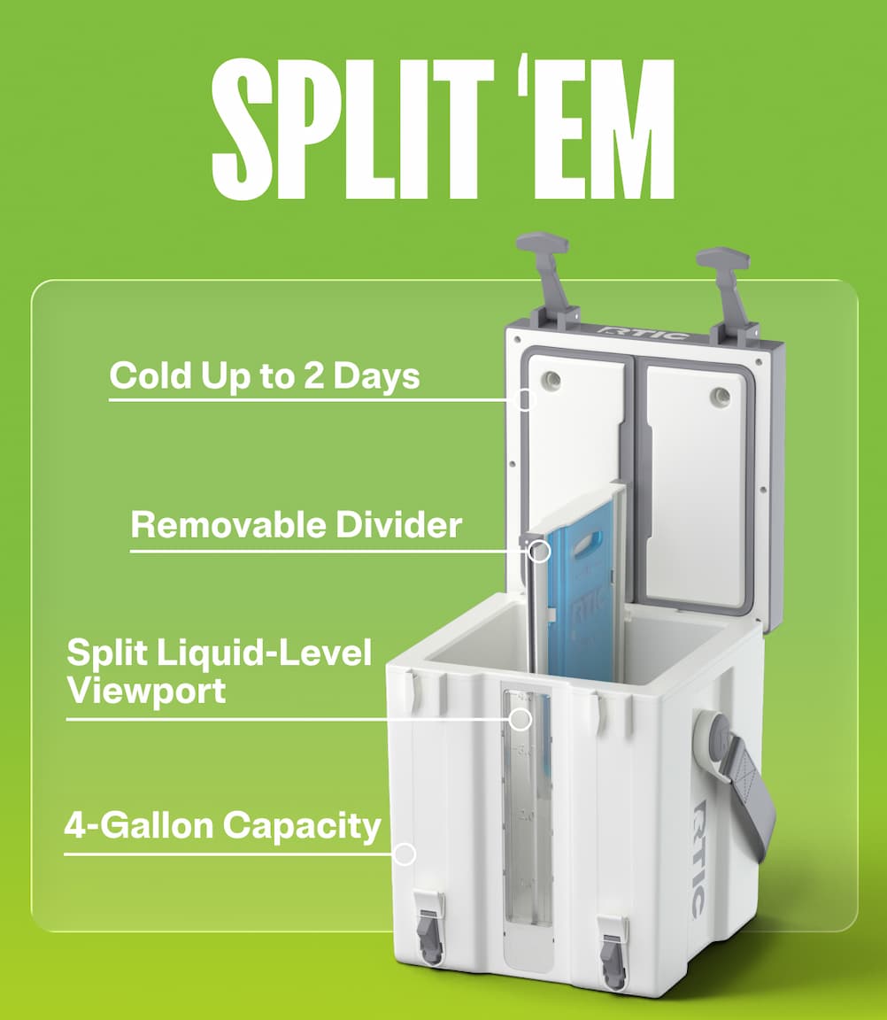 Split 'em cold up to 2 days, removable divider, split liquid-level view port, 4 gallon capacity