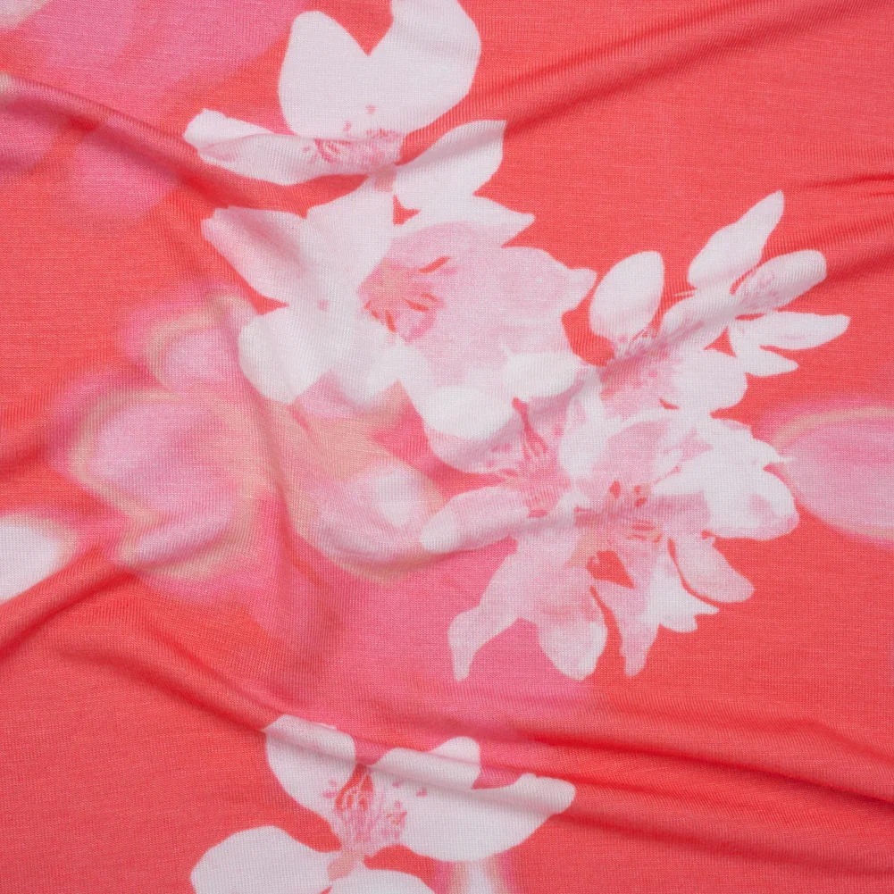 Image of Stretch Rayon Jersey - Coral, Pink and White Soft Florals - Deadstock