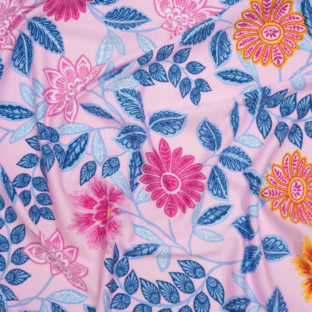 Image of Stretch Rayon Jersey - Pink, Blue and Golden Yellow Paisley Floral - Deadstock
