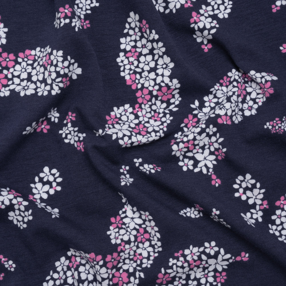 Image of Stretch Rayon Jersey Print - Navy, Pink and White Floral Butterflies - Deadstock