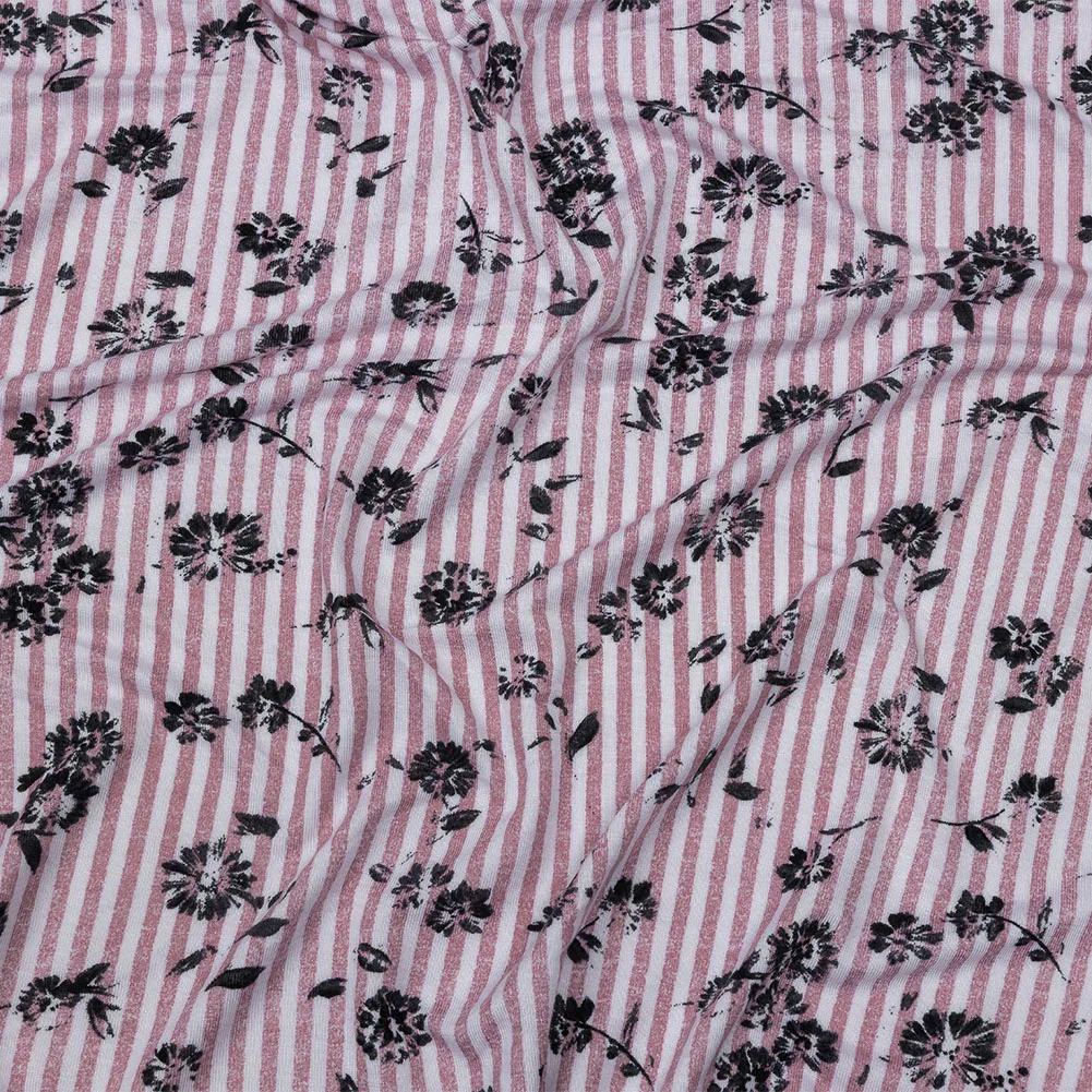 Image of Mauve, White and Black Candy Stripes and Florals Stretch Rayon Jersey