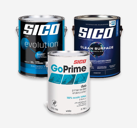 3.78-L Cans and 18.9-L Pails of SICO Clear Surface, Evolution Interior Paint and GoPrime Primer
