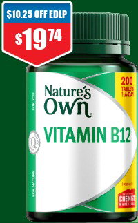 Nature's Own Vitamin B12 200 Tablets Exclusive Size 1/2 price off RRP at Chemist Warehouse sale ends 22 July 2026