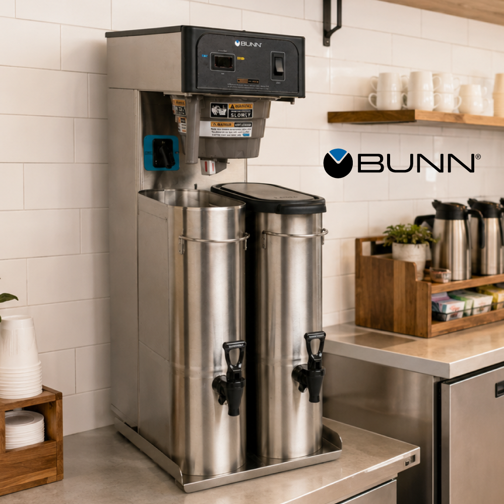 BUNN commercial tea brewing system with dual stainless steel dispensers positioned on a countertop in a café setting.