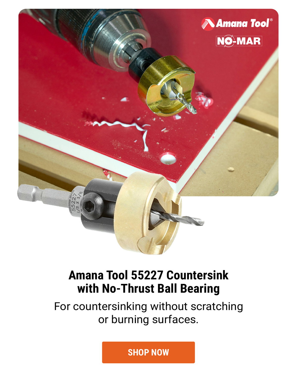 Amana Tool 55227 Countersink with No-Thrust Ball Bearing For countersinking without scratching or burning surfaces.