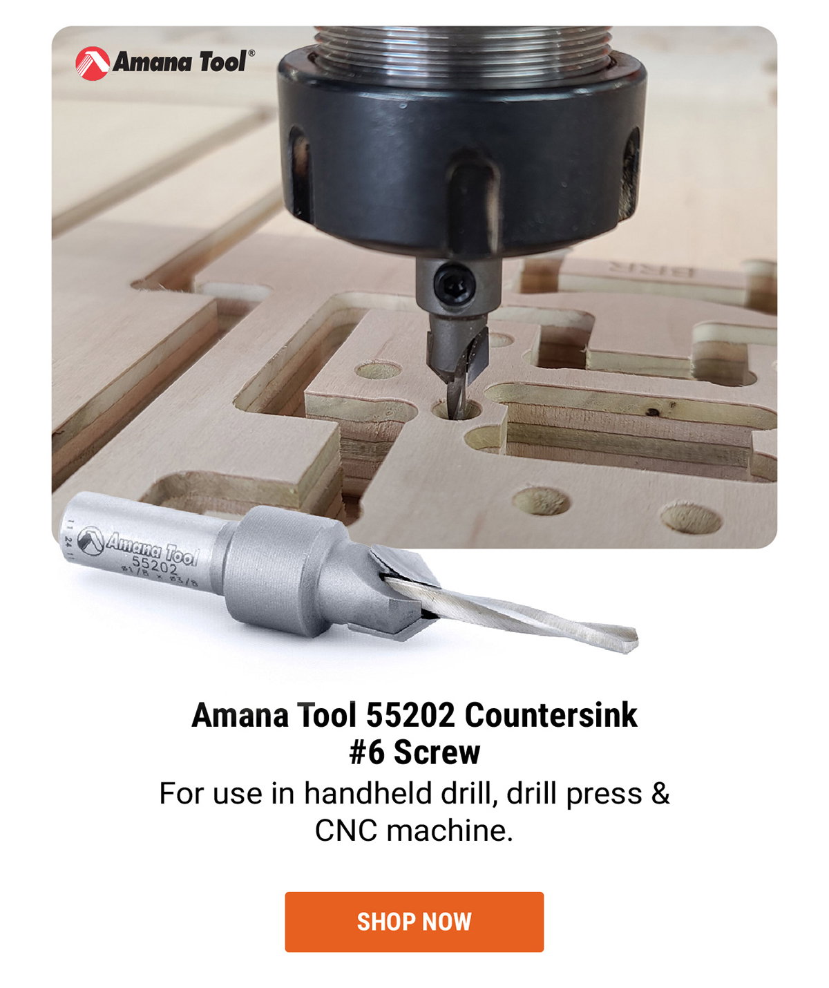 Amana Tool 55202 Countersink #6 Screw For use in handheld drill, drill press & CNC machine.