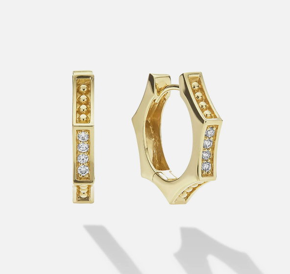18K Gold Caviar Hexagon Diamond Huggie Earrings