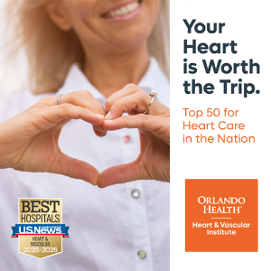 A smiling adult forms a heart shape with their hands, emphasizing heart health and care. Text highlights that the heart care service is ranked in the top 50 in the nation. The image includes a badge reading "Best Hospitals US News Heart & Vascular 2025-2026" and a bright orange panel with "Orlando Health Heart & Vascular Institute." The overall design uses clean white and orange blocks with a warm, reassuring mood.