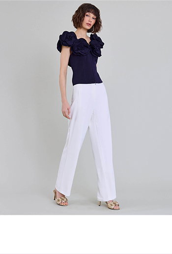 Dark Blue Crepe Sleeveless Top with 3-D Floral Neckline