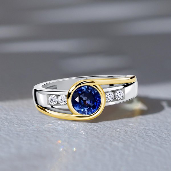 Italo Bypass Bezel Setting Round Cut Blue Sapphire Engagement Ring For Women