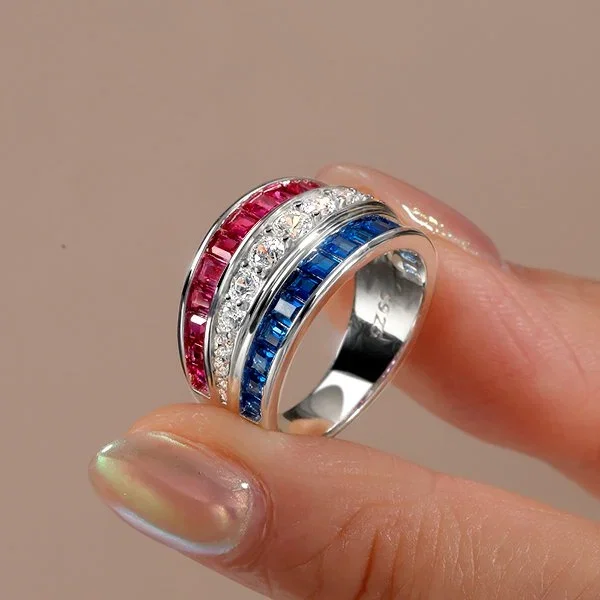 Italo Triple Row Blue Sapphire Wedding Band Ruby Ring