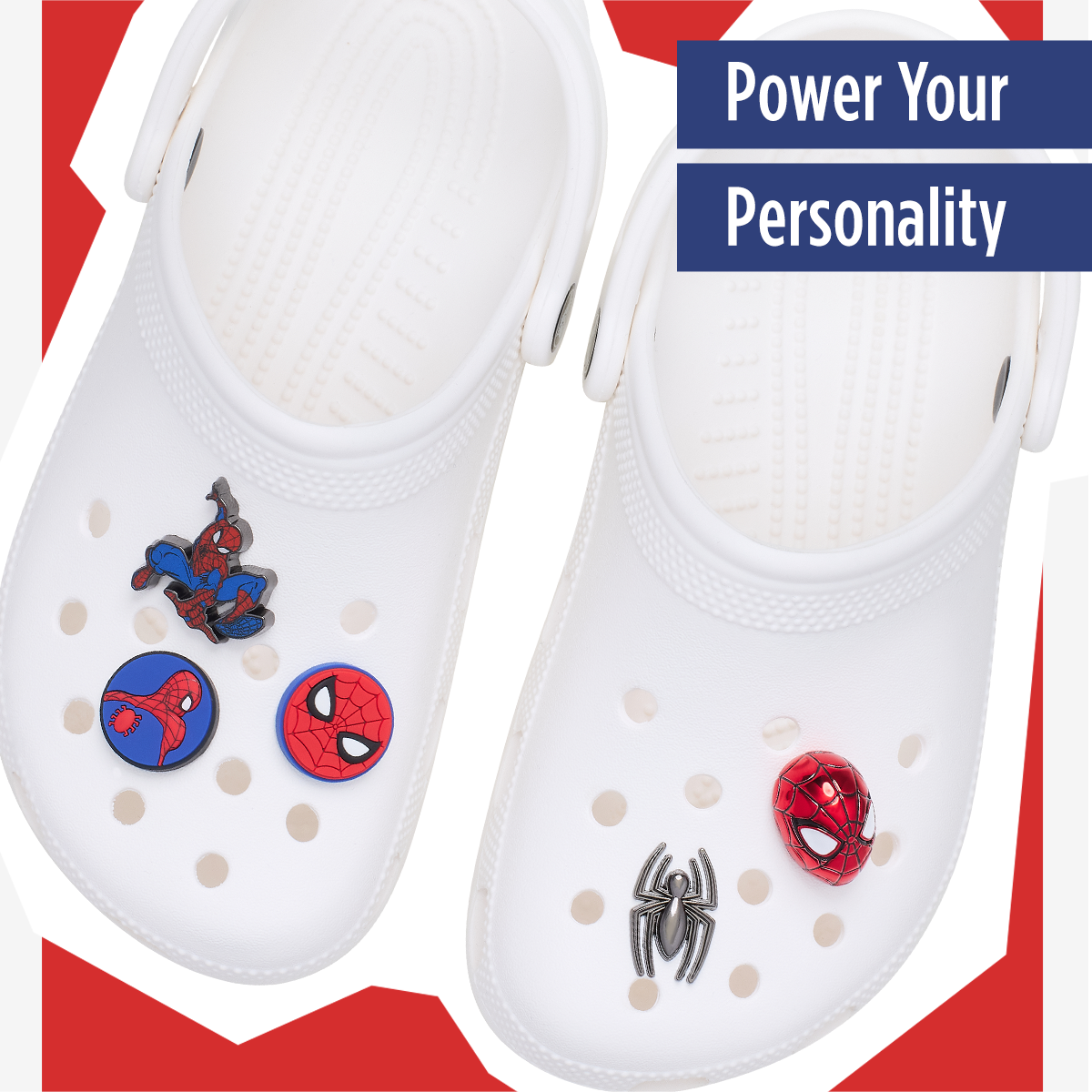 Power Your Personality | Display of Spiderman Themed Jibbitz Decorating a Pair of Crocs Classic Clogs