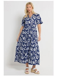 M&Co Blue Leaf Print Notch Neck Cotton Maxi Dress