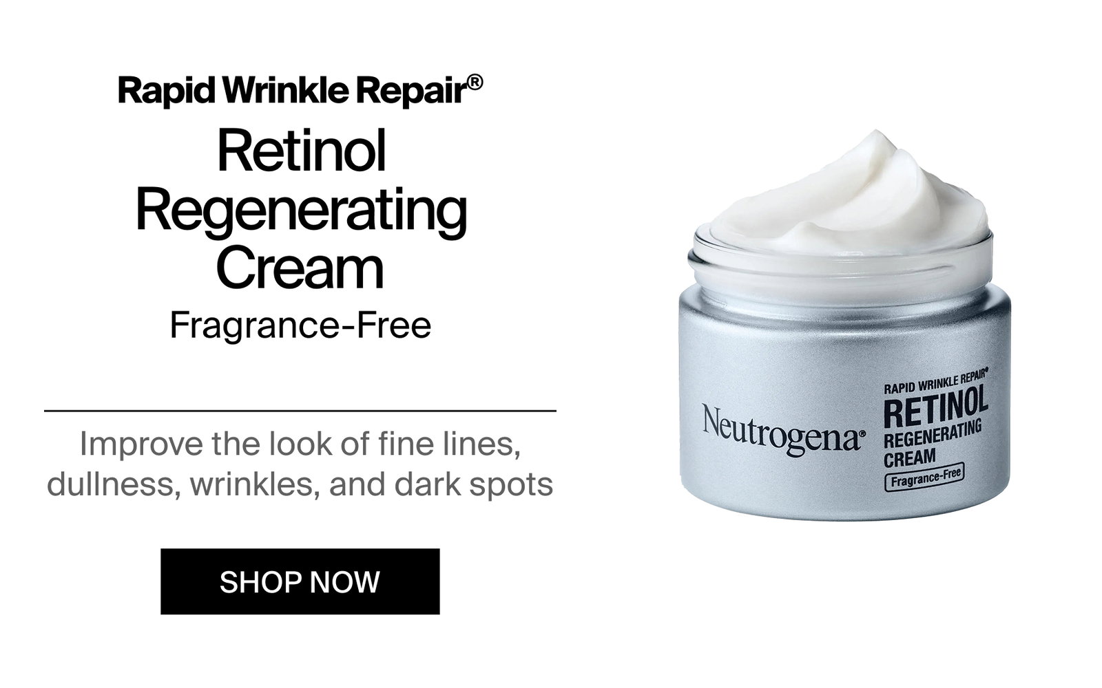 Open Jar of Neutrogena® Rapid Wrinkle Repair® Retinol Regenerating Cream Fragrance Free showing jar and texture consistency