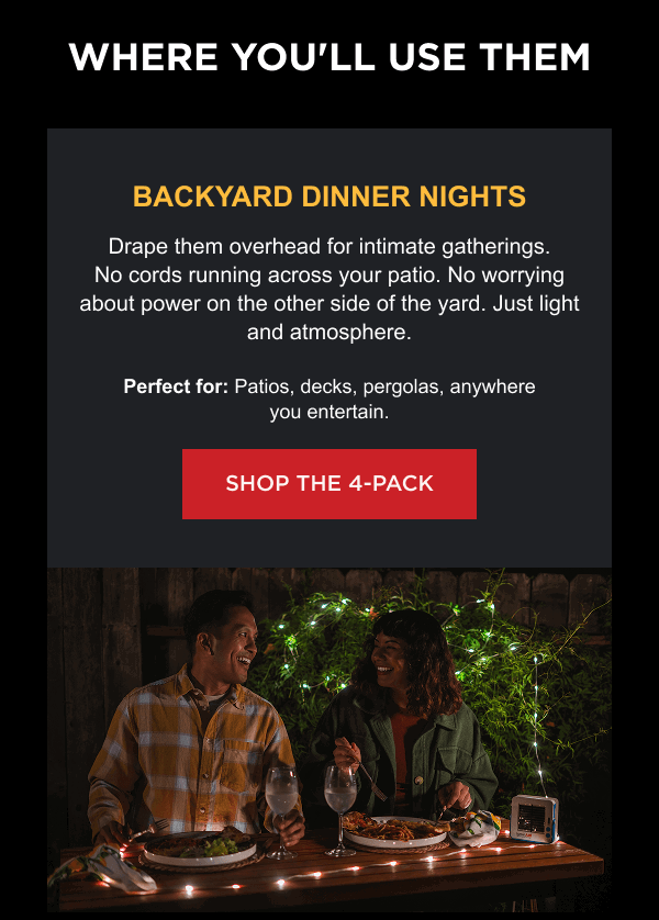Where You'll Use Them | Backyard Dinner Nights Drape them overhead for intimate gatherings. No cords running across your patio. No worrying about power on the other side of the yard. Just light and atmosphere. Perfect for: Patios, decks, pergolas, anywhere you entertain. [ SHOP THE 4-PACK ]