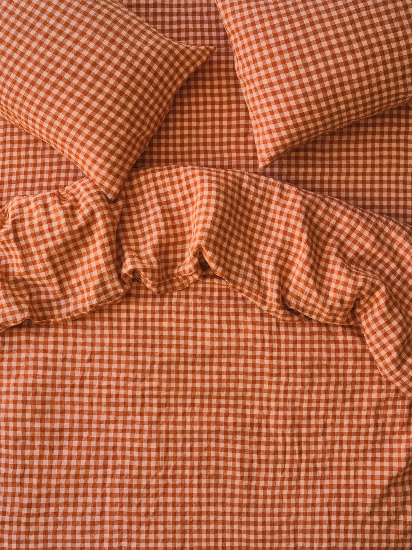 Image of Cinnamon & Peach Colour Drenched Gingham Linen Blend Duvet Cover