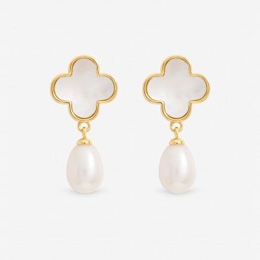 Jon Richard Gold Plated Mother of Pearl Clover and Pearl Drop Earrings