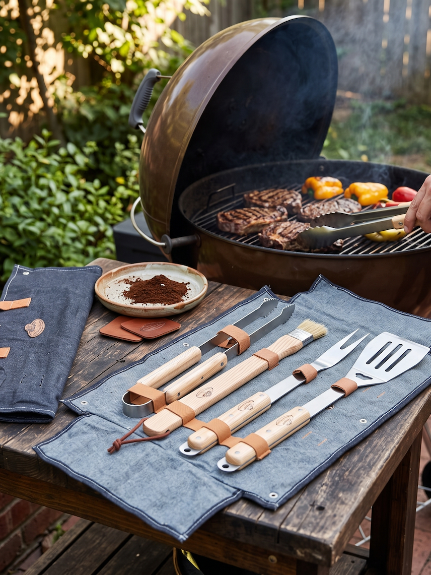 BBQ tool set wrapped in a denim case. A great gift for all occasions, this bbq utensil set comes with four stainless steel tools, complete with Ashwood handles.
