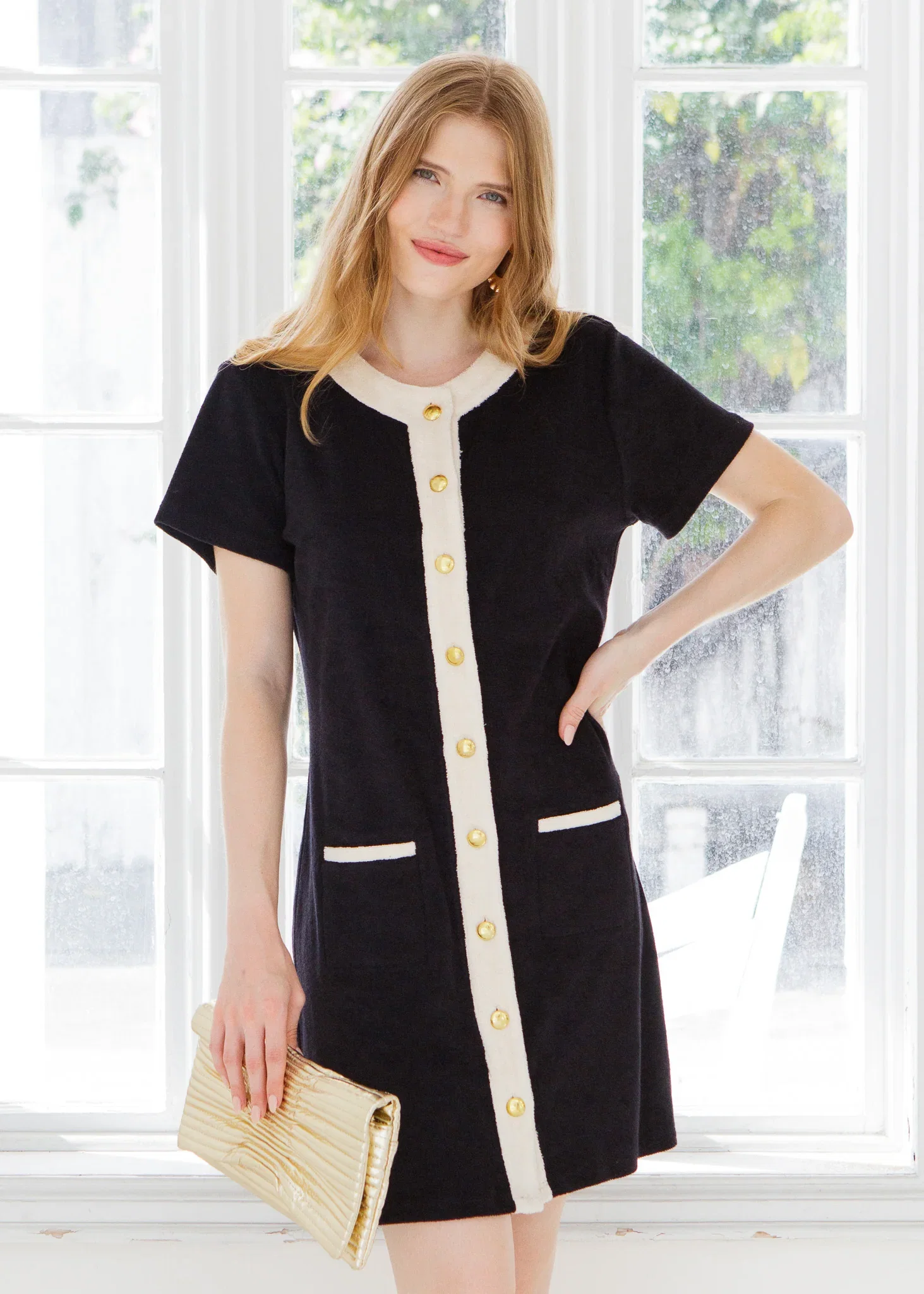 Image of Black Terry Button Dress