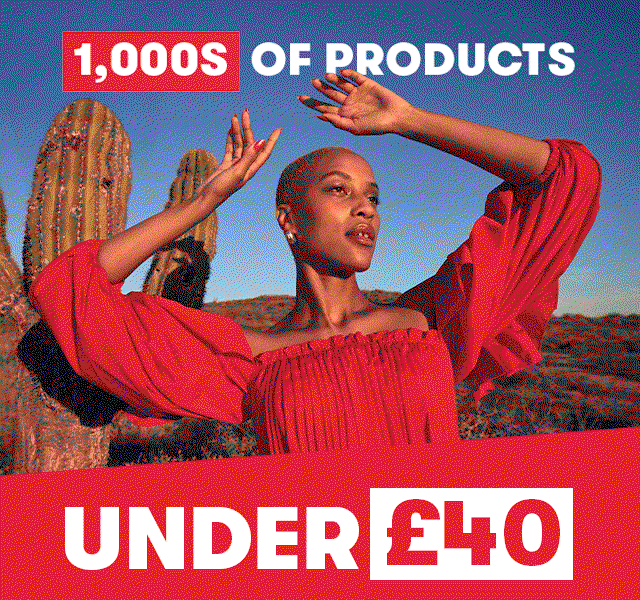 GIF of a man and woman beside palm trees wearing summery outfits. Text reads “1,000s of products under £40” and “Summer Clearance.”